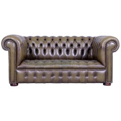 Chesterfield Leather Sofa Olive Green Couch Vintage Two-Seat