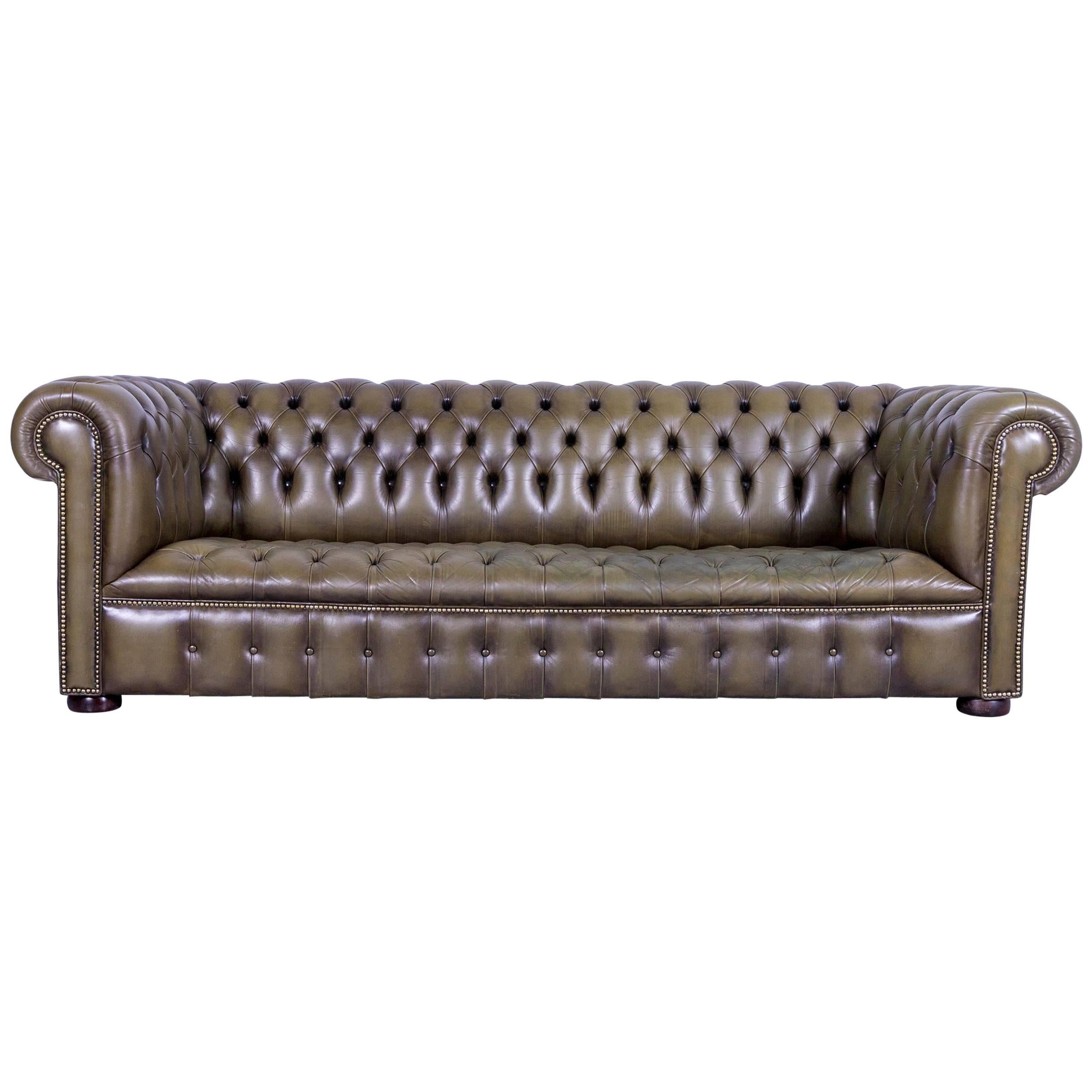 Chesterfield Leather Sofa Olive Green Couch Vintage Three-Seat