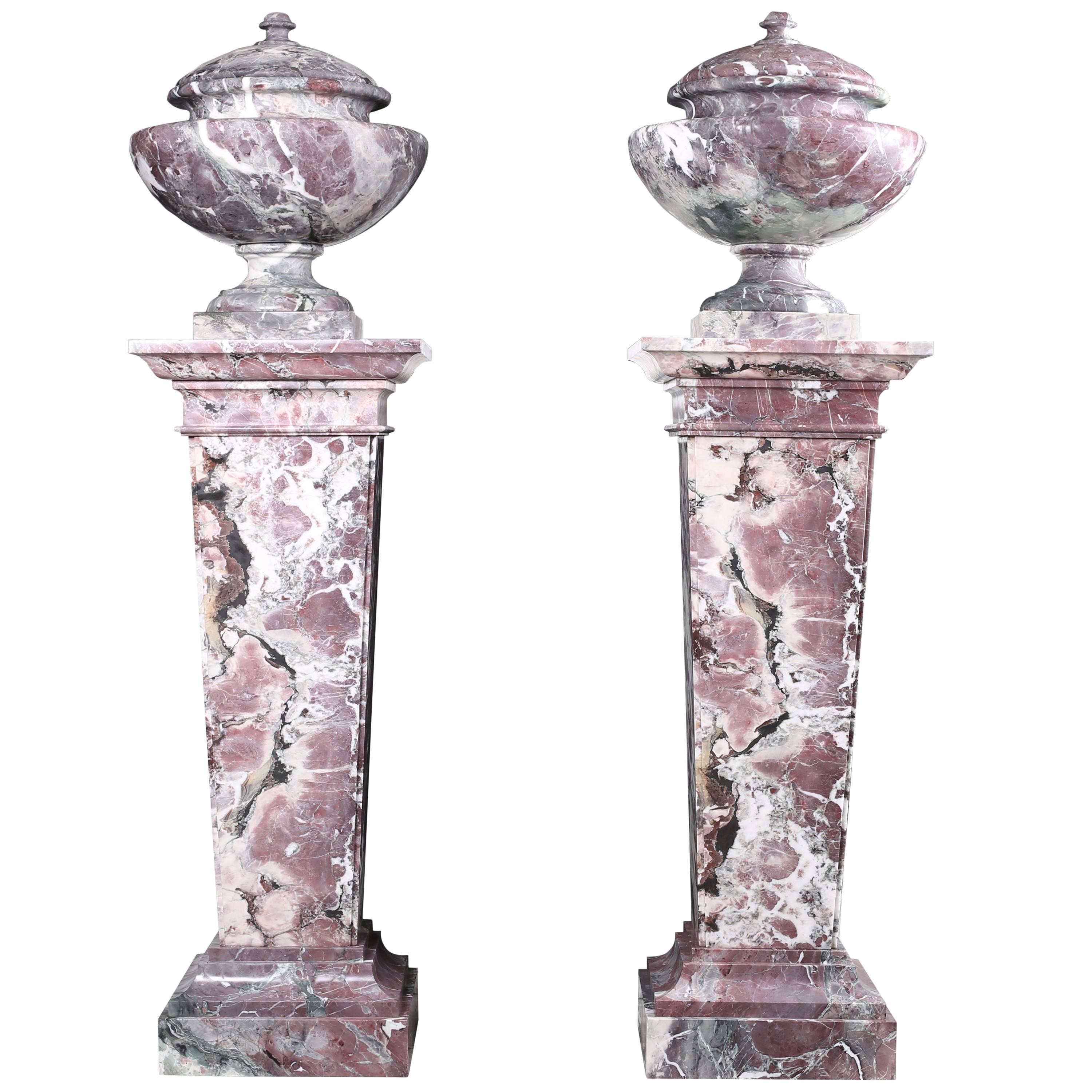 Pair of Grand Marble Urns on Column Plinths in the Neoclassical Style For Sale