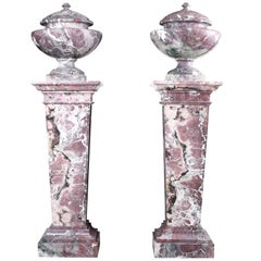 Pair of Grand Marble Urns on Column Plinths in the Neoclassical Style