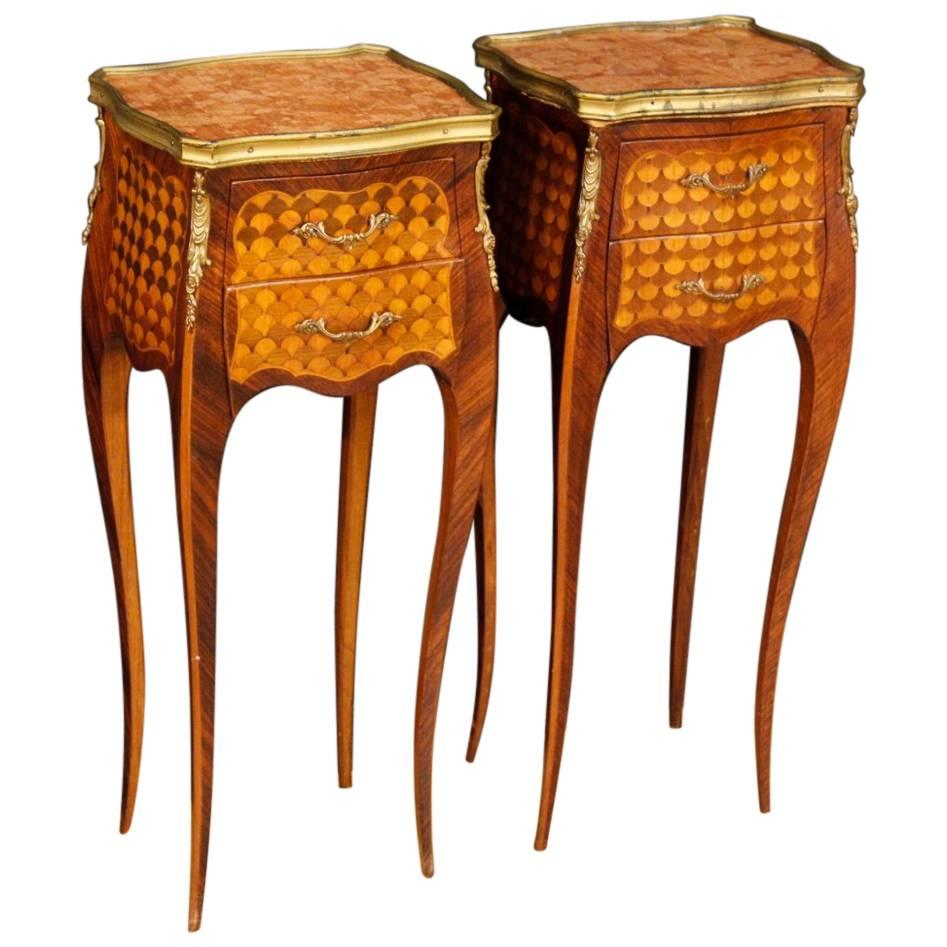 Pair of French Bedside Tables in Inlaid Wood with Marble Top in Louis XV Style