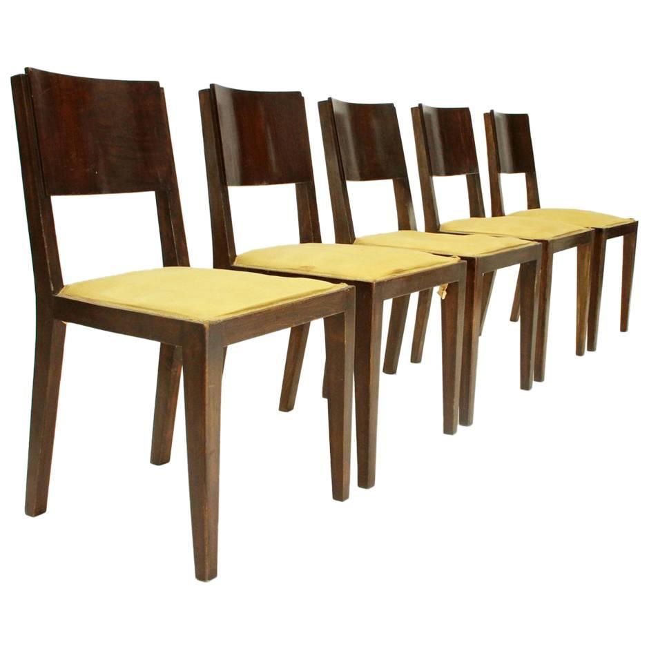 Set of Five Italian Wooden Art Deco Dining Chairs, 1940s