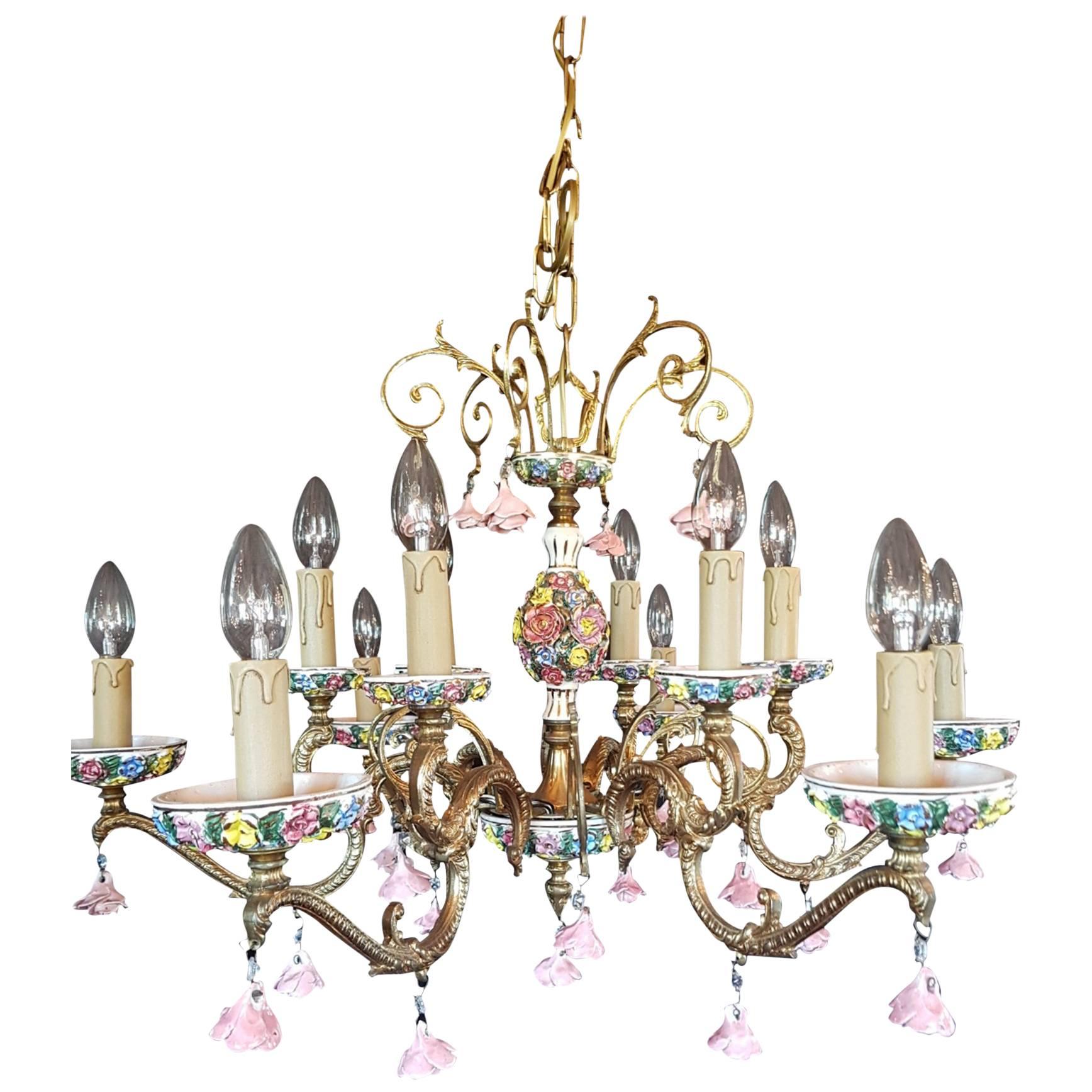 Italian Bronze and Porcelain Chandelier with Flowers, 12 Lights, 20th Century For Sale