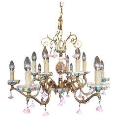 Vintage Italian Bronze and Porcelain Chandelier with Flowers, 12 Lights, 20th Century