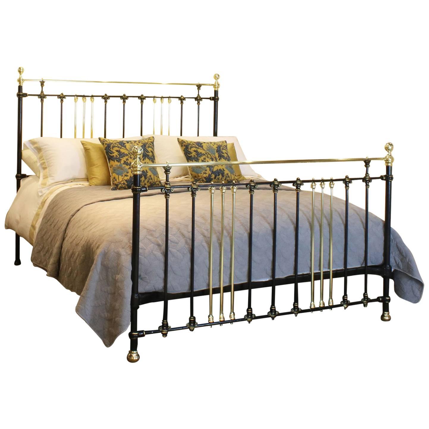 Wide Brass and Iron Bed in Black with Gold Lining, MSK47