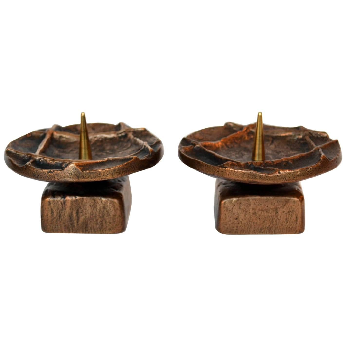 Pair of 1970s Brutalist Bronze Candle Holders For Sale