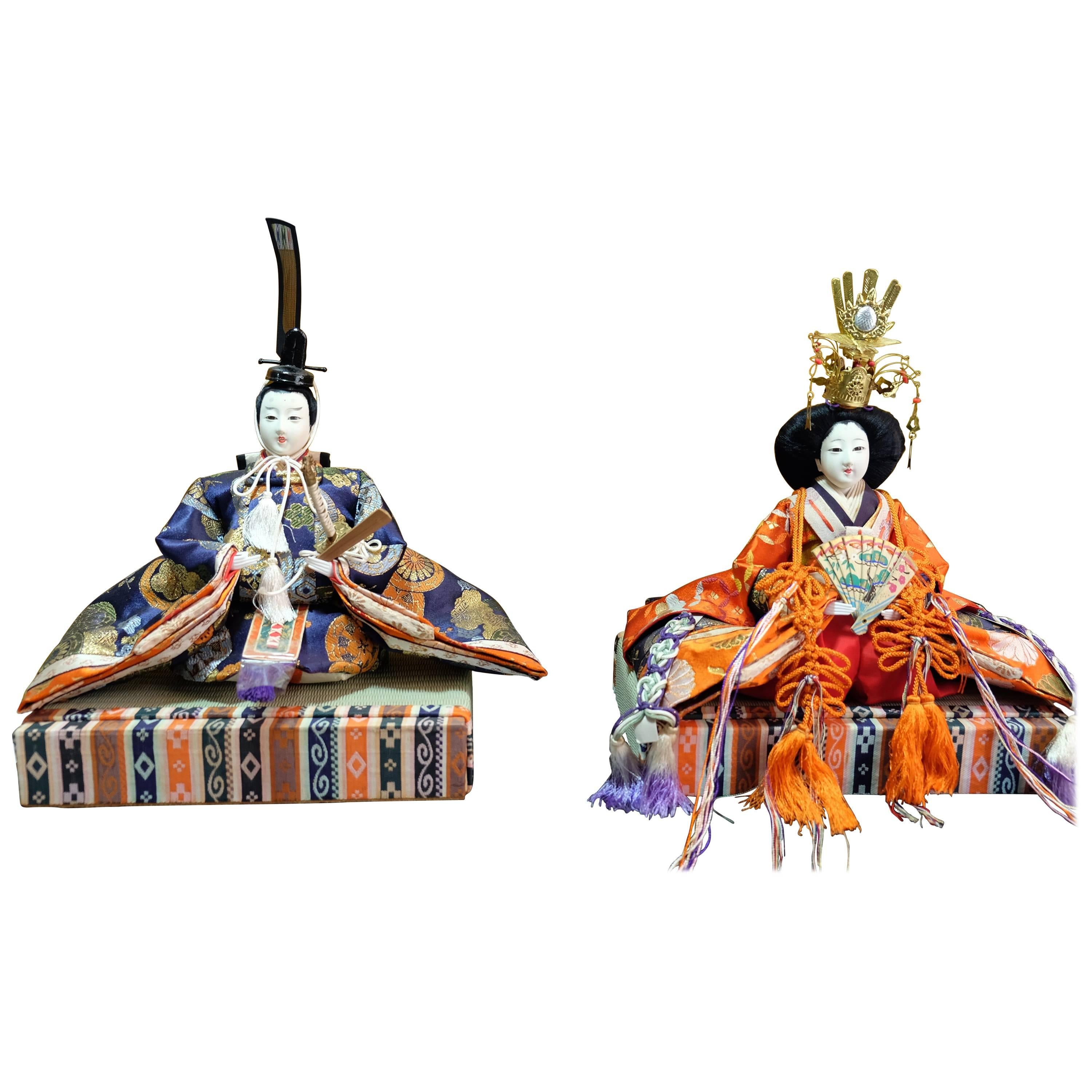 Japanese Emperor and Empress Pair of Dolls for Doll's Festival Hinamatsuri 1950s For Sale
