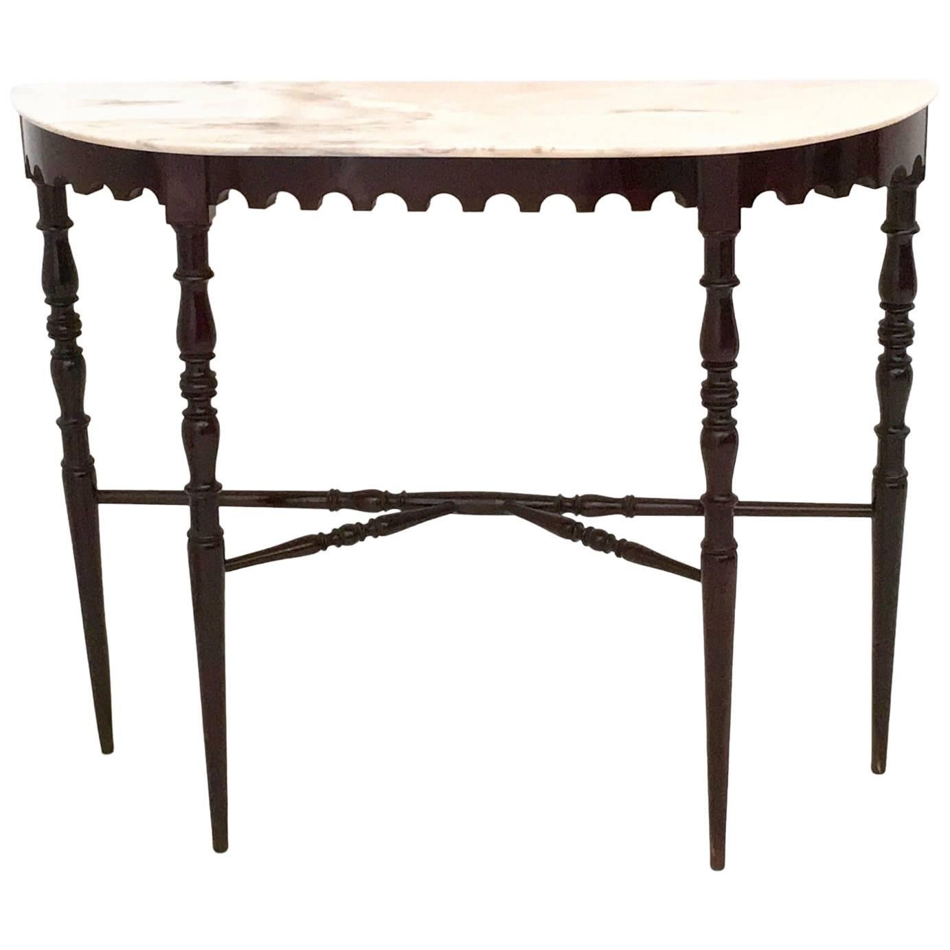 Demilune Ebonized Beech Console Table with a Portuguese Pink Marble Top, 1950s
