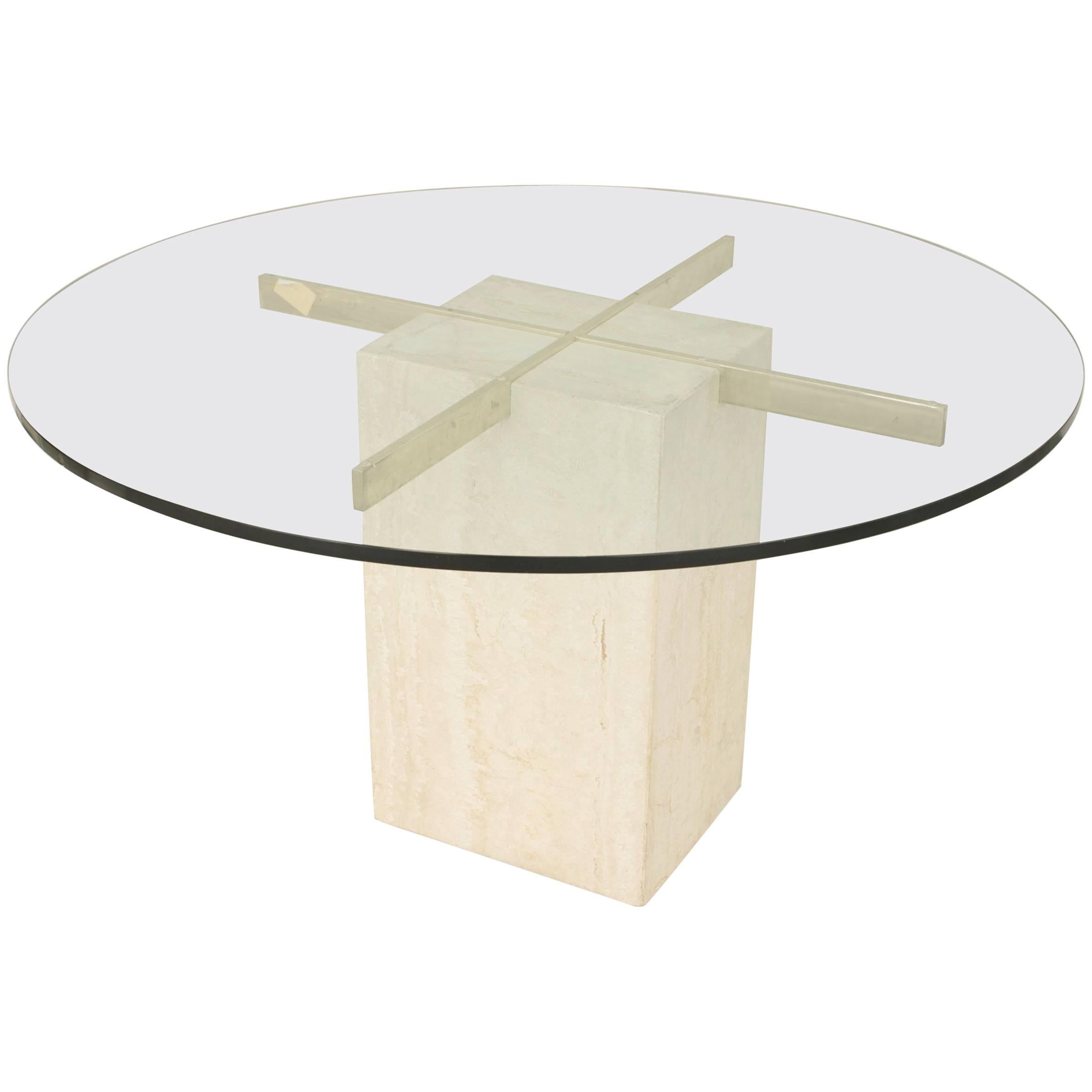American Postwar Design Dining Table with a Square Travertine Base
