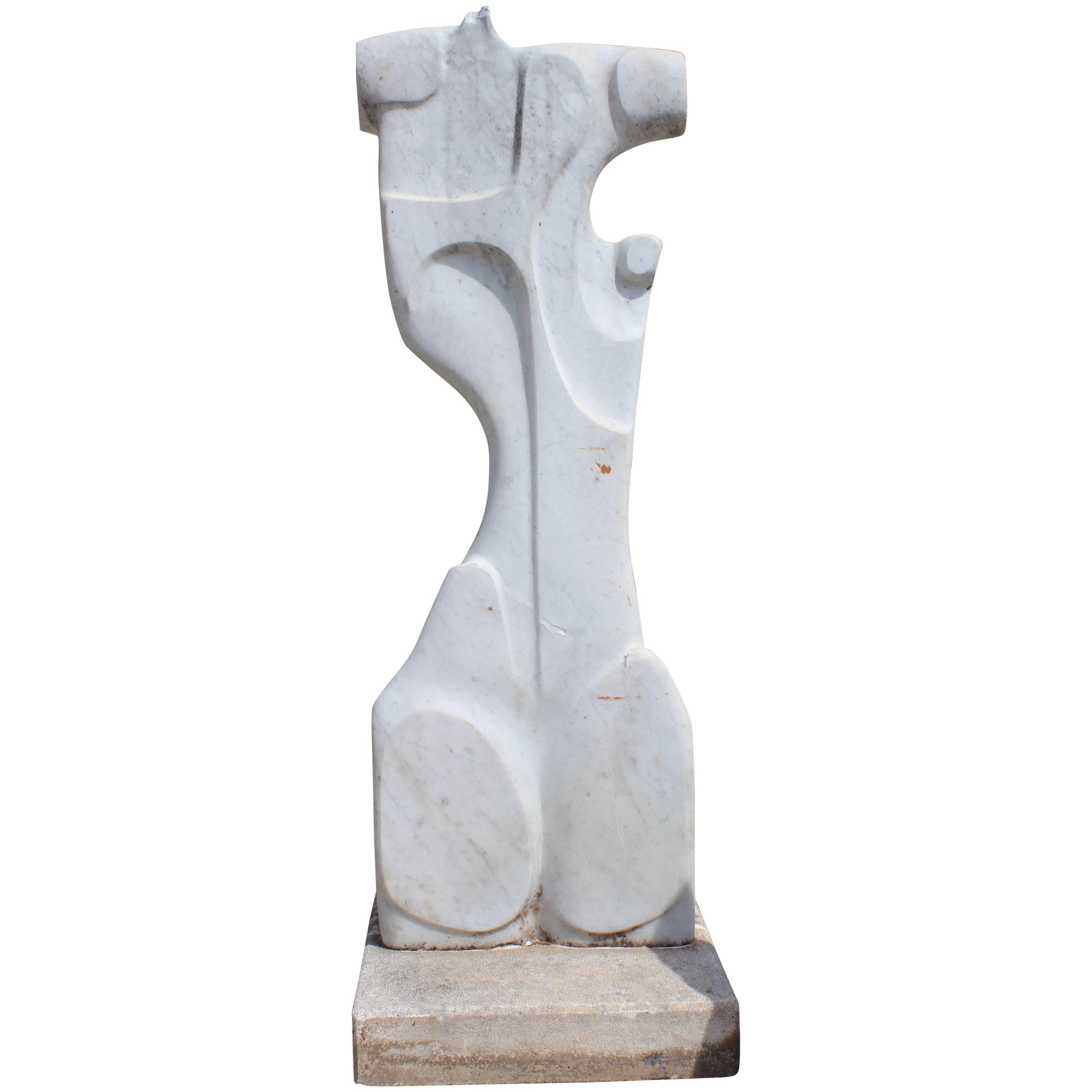 1980s Hand-Carved Modernist Sculpture in White Carrara Marble