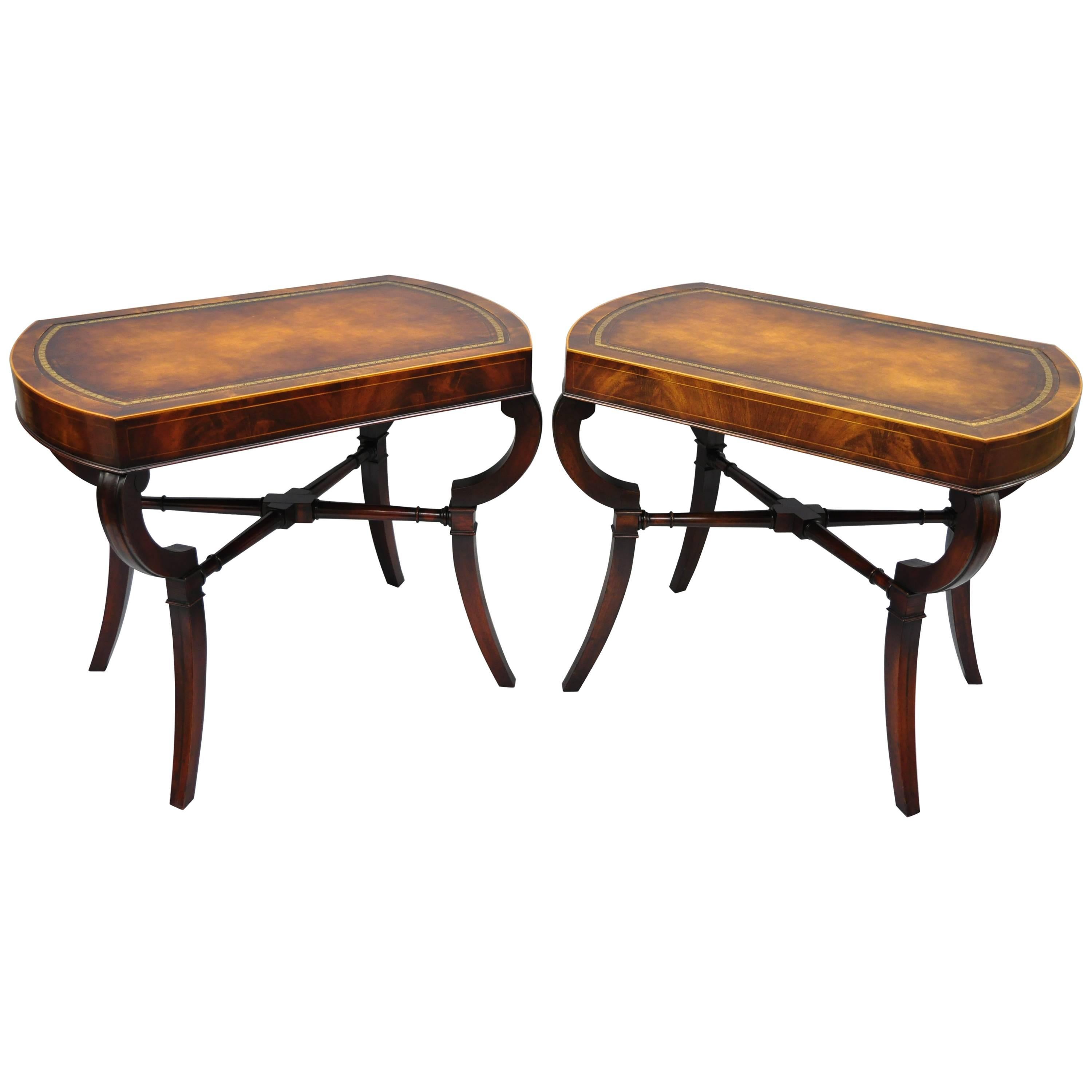 Pair of Flame Mahogany Leather Top English Regency Style Saber Leg End Tables