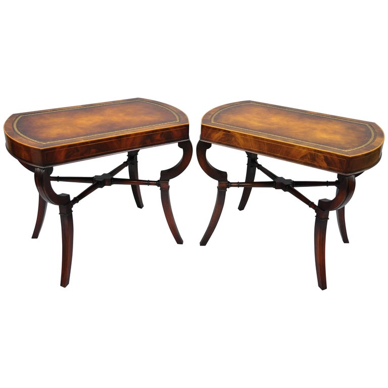 Pair of Flame Mahogany Leather Top English Regency Style Saber Leg End