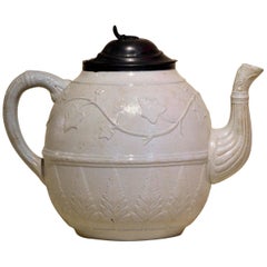 Antique 1860s Very Large Victorian Salt Glazed White Ironstone Teapot with Ivy Relief