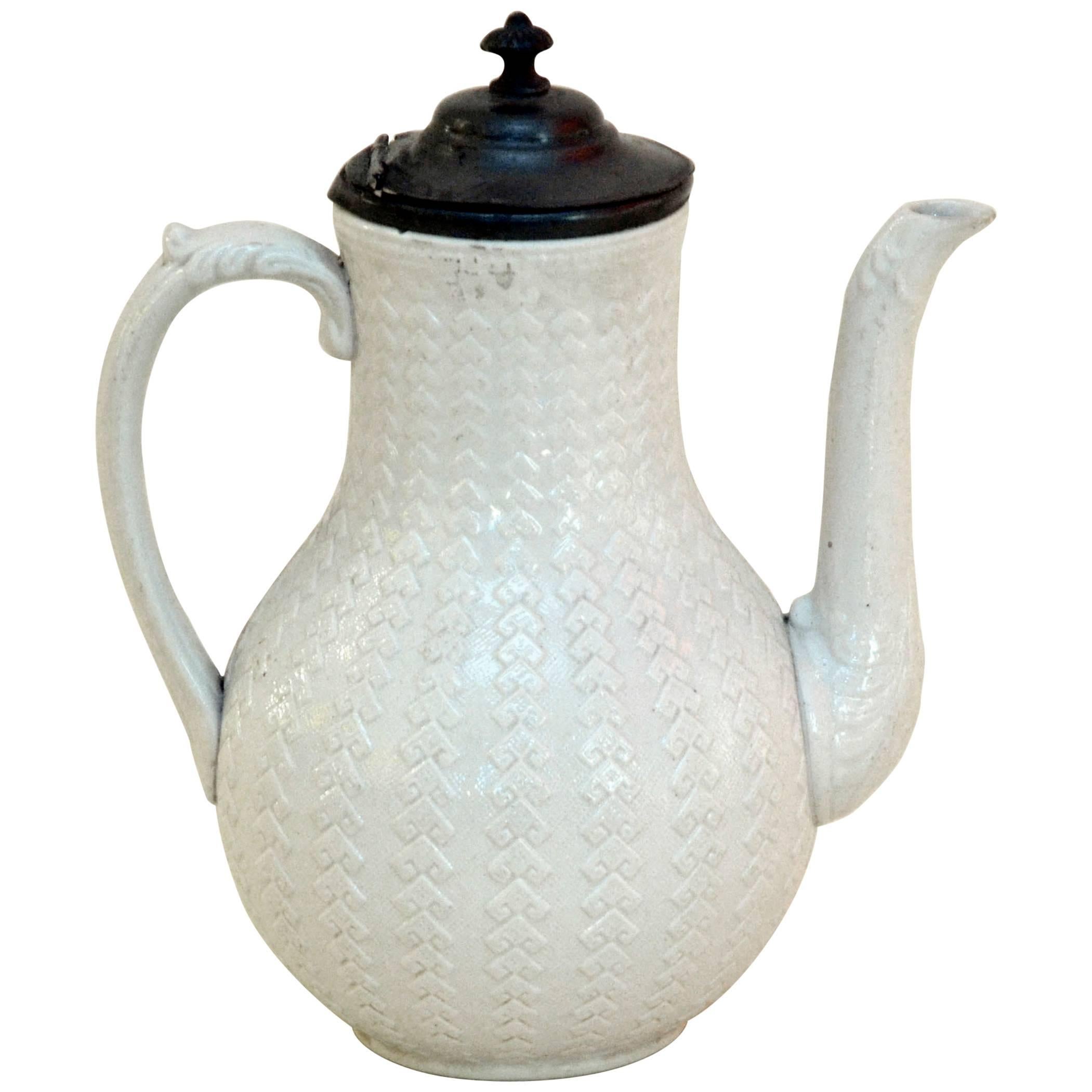 1870s Victorian Salt Glazed White Ironstone Coffee Pot with Pewter Lid For Sale