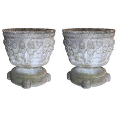 Pair of Antique Oversized Cast Stone Decorated Planters Found in France