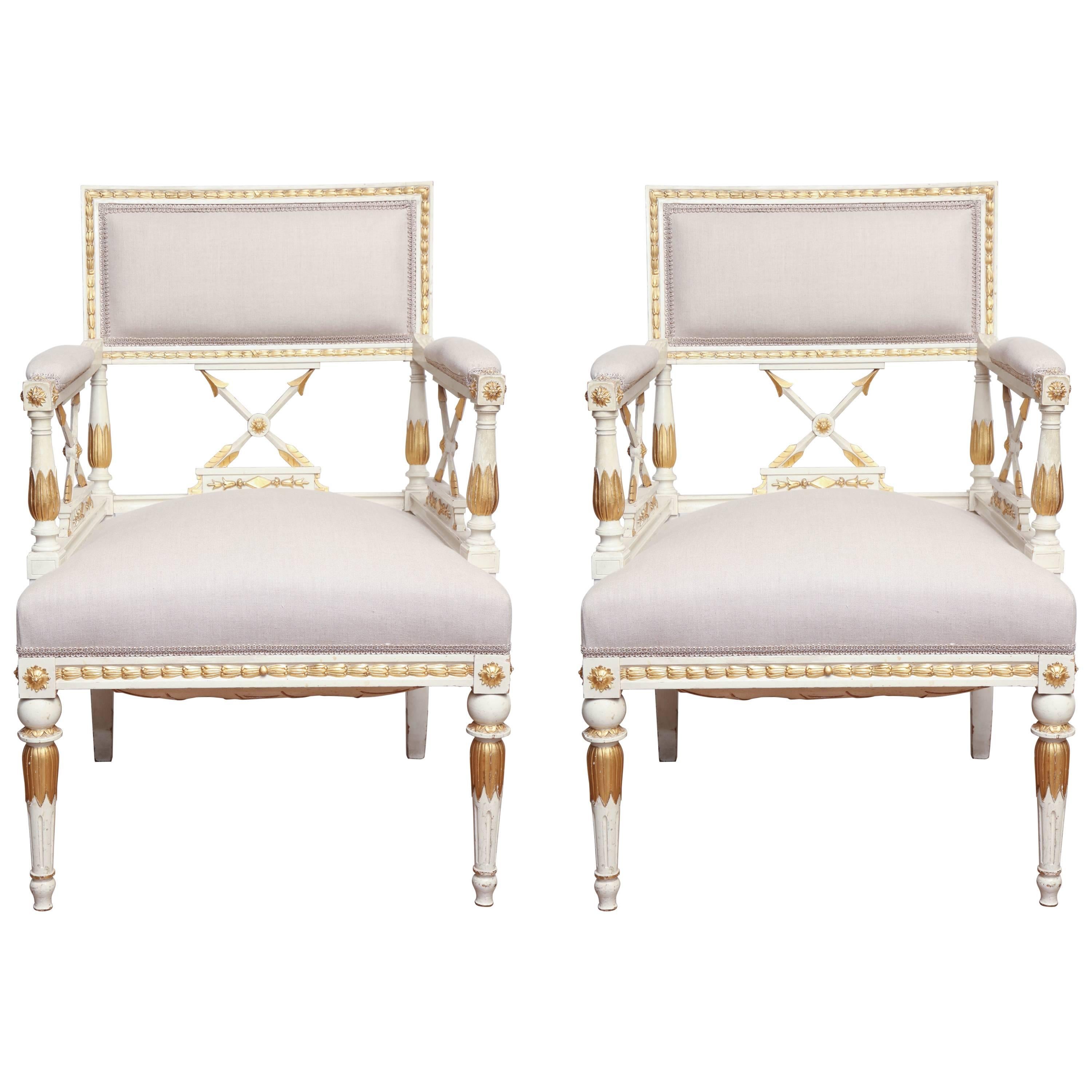 Pair of Late 19th Century Swedish, Gustavian, Painted and Parcel-Gilt Armchairs For Sale