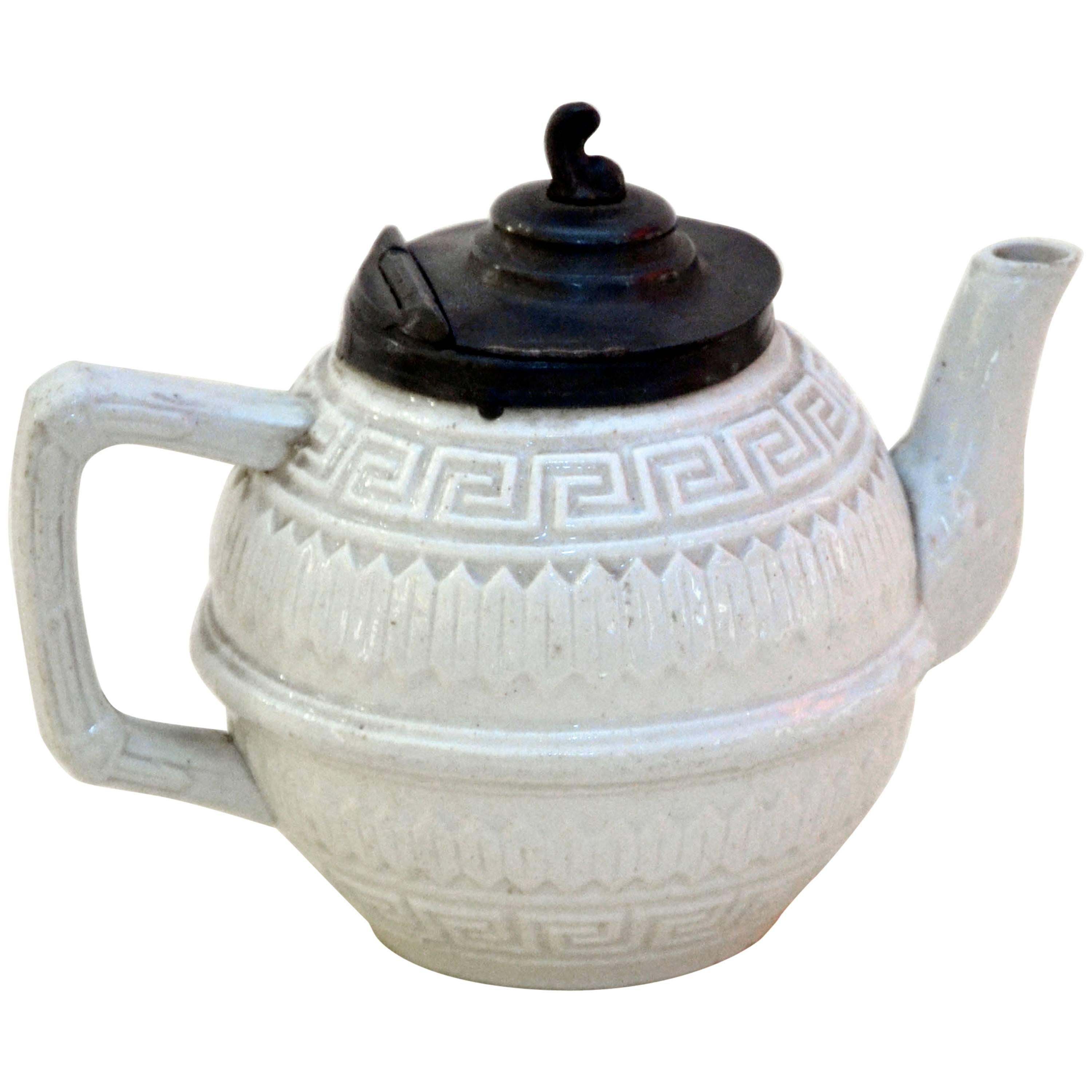1860s Rare Victorian Small Salt Glazed White Ironstone Teapot with Pewter Lid For Sale