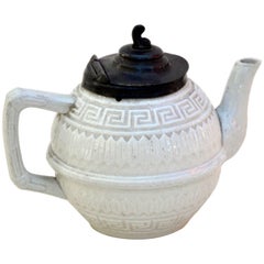 Antique 1860s Rare Victorian Small Salt Glazed White Ironstone Teapot with Pewter Lid