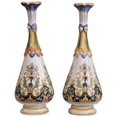Large Pair of 19th Century French Hand Painted Ceramic Vases from Rouen