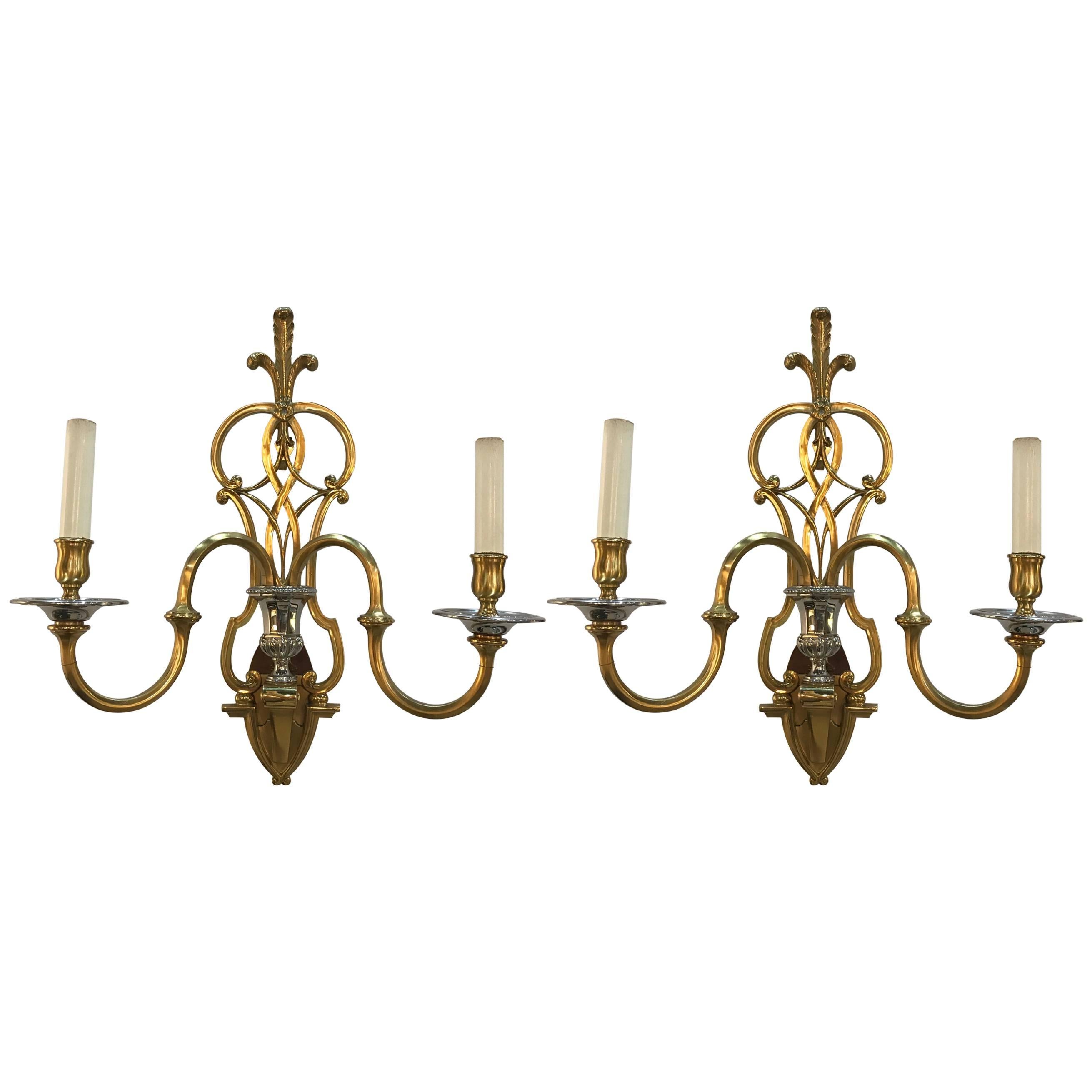 Fabulous Pair of Brass and Nickel 2 light Wall Sconces