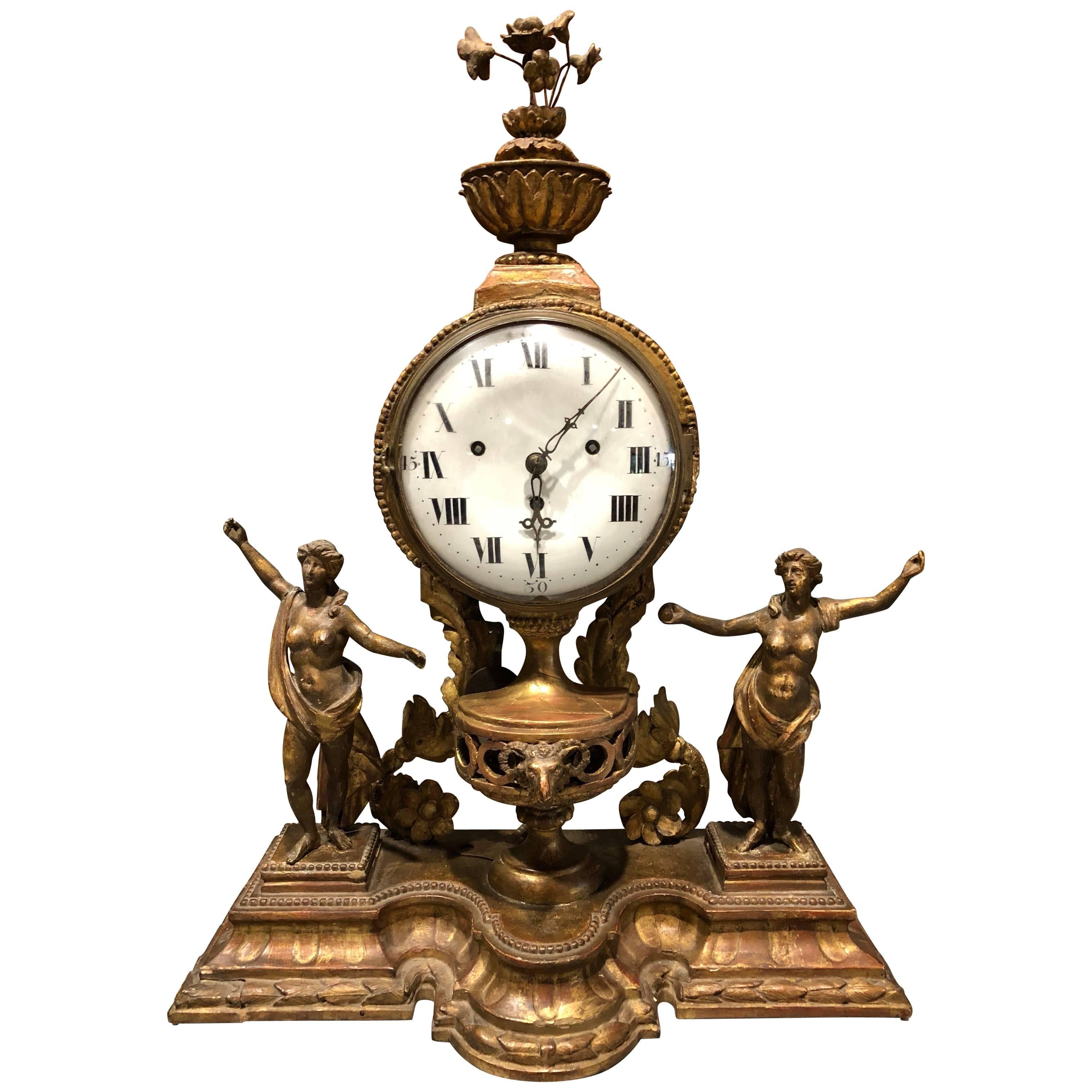 Italian 18th Century Giltwood Mantle Clock For Sale