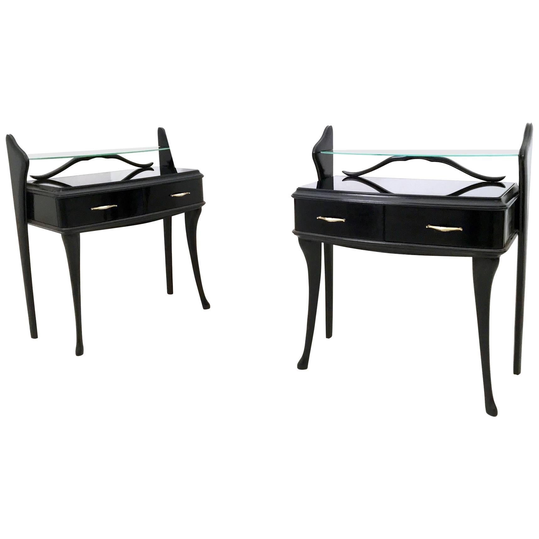 Pair of MidCentury Nightstands Portor Marble Top Black Lacquer Wood at