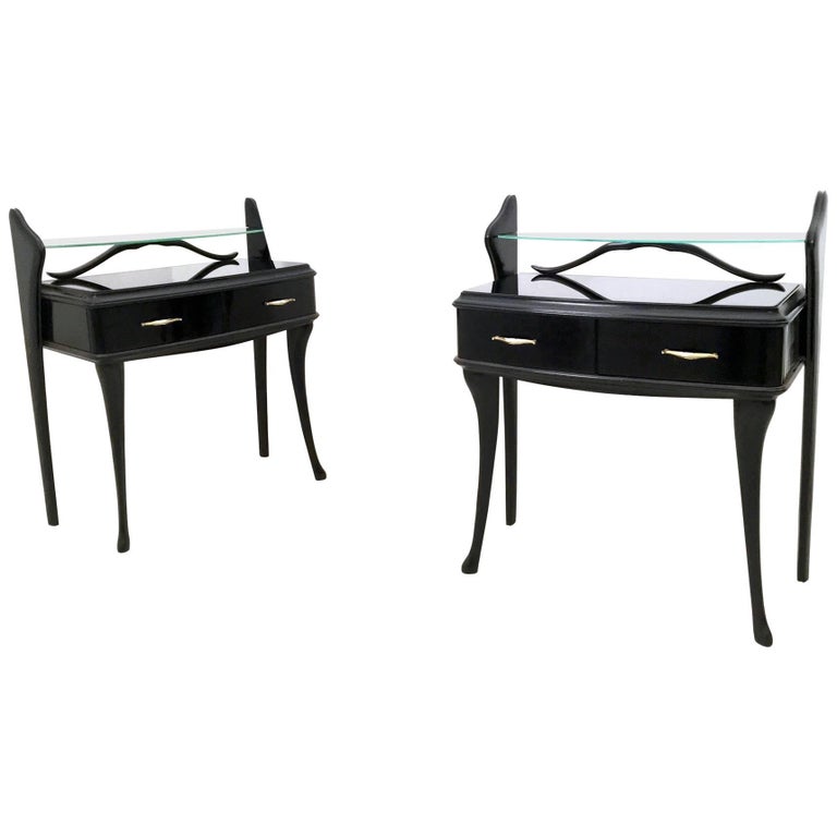 Pair of Vintage Black Lacquered Wood Nightstands with Glass Tops, Italy For Sale at 1stDibs