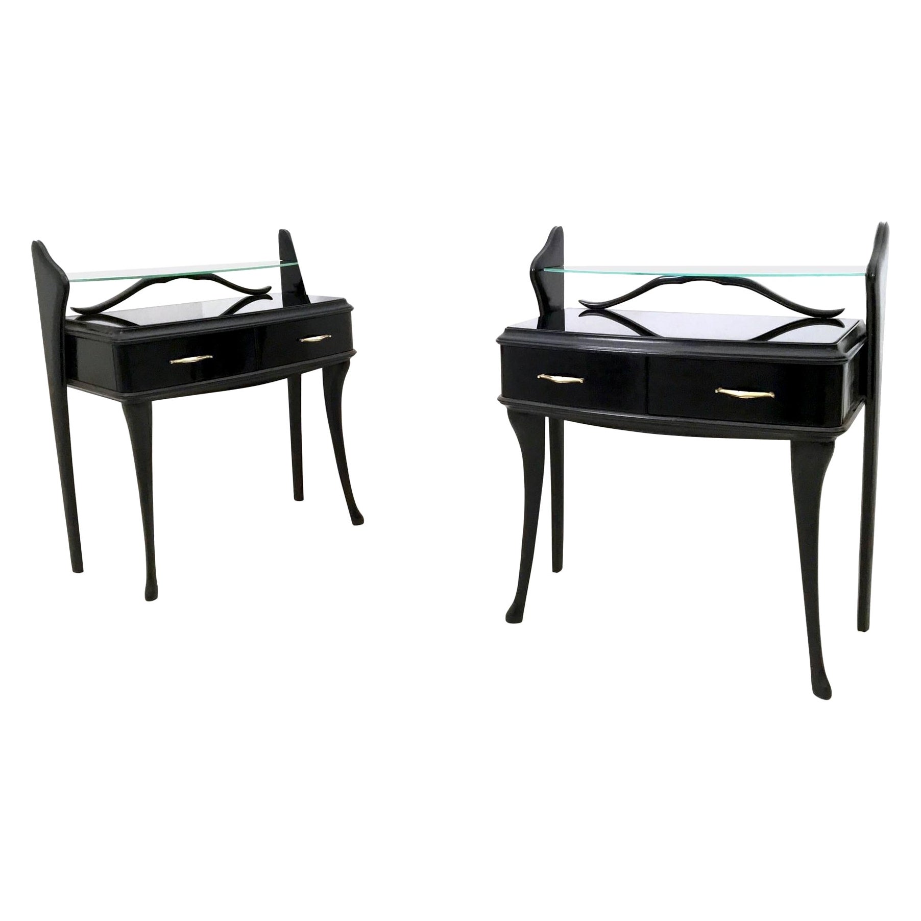 Pair of Vintage Black Lacquered Wood Nightstands with Glass Tops, Italy