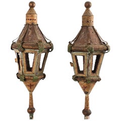 Pair of Ancient Processional Lantern Lamp, Painted Sheet Metal Venice, 1700 Era