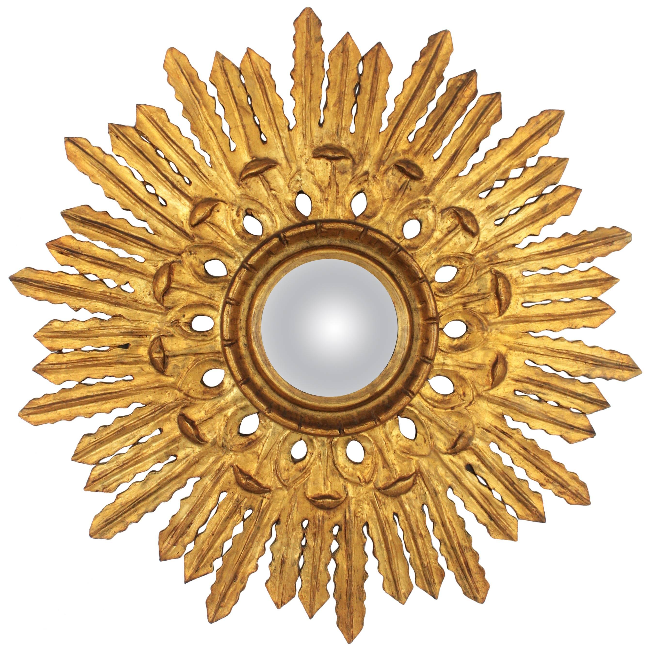 Baroque Style Carved Giltwood Sunburst Convex Mirror, Spain, 1920s