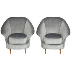 Pair of Lounge Chairs in the Style of Gio Ponti in Grey Velvet, Italy