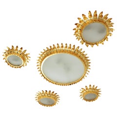 Set of Five French Neoclassical Gilt Iron and Frosted Glass Crown Flush Mounts