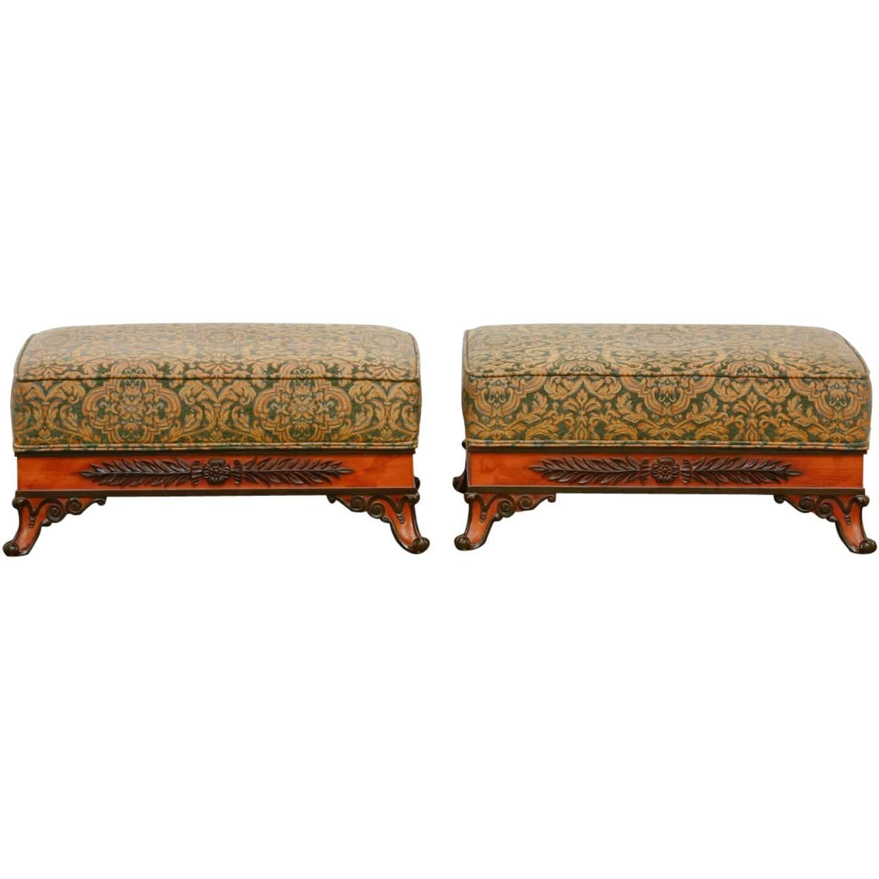 Pair of Italian Carved and Upholstered Ottoman Benches