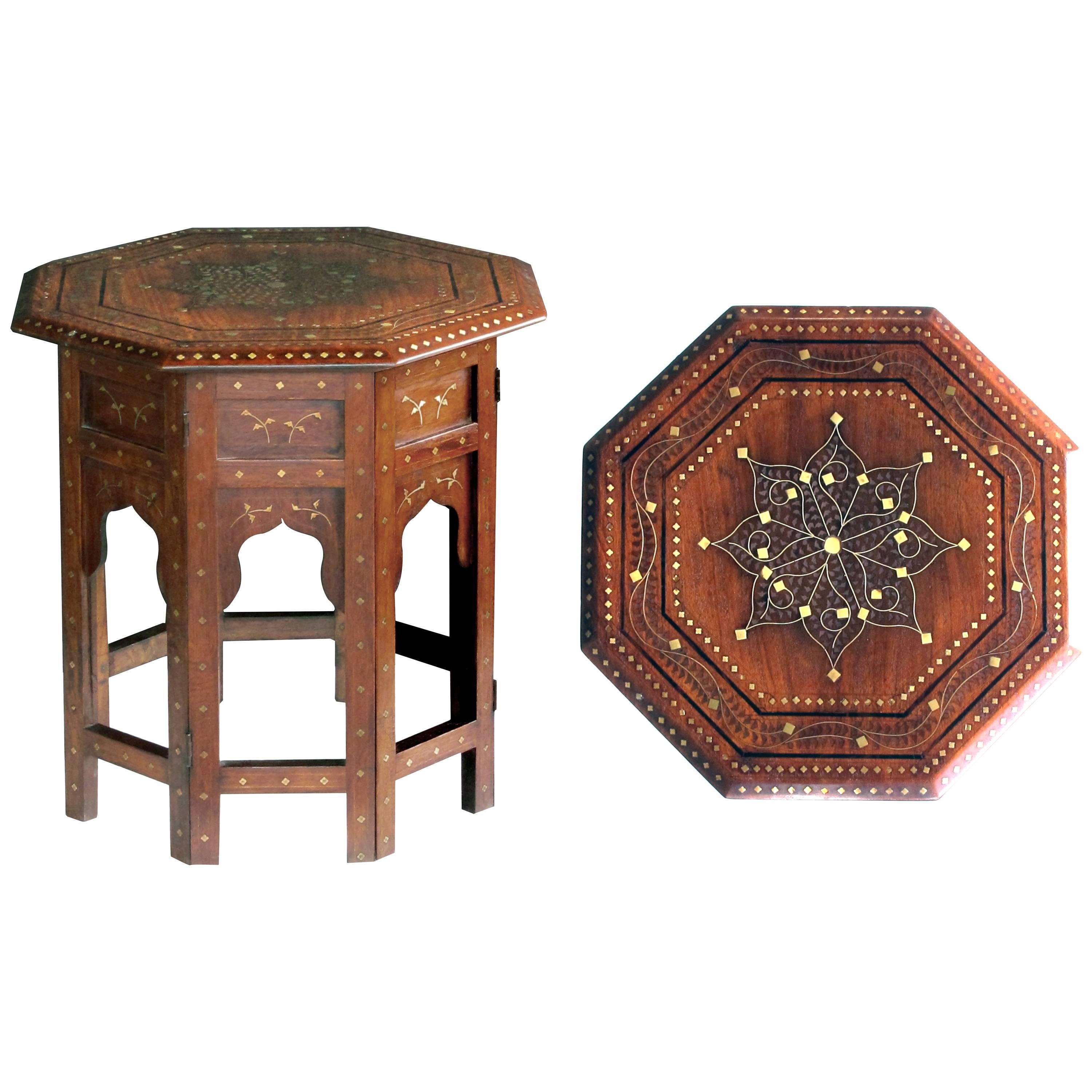 Detailed Brass and Pewter Inlaid Octagonal Anglo-Indian Traveling Table