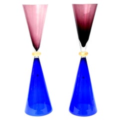 Seguso for Oggetti Murano Blue Purple Glass Sculptures , Vases Italian Pair 80's