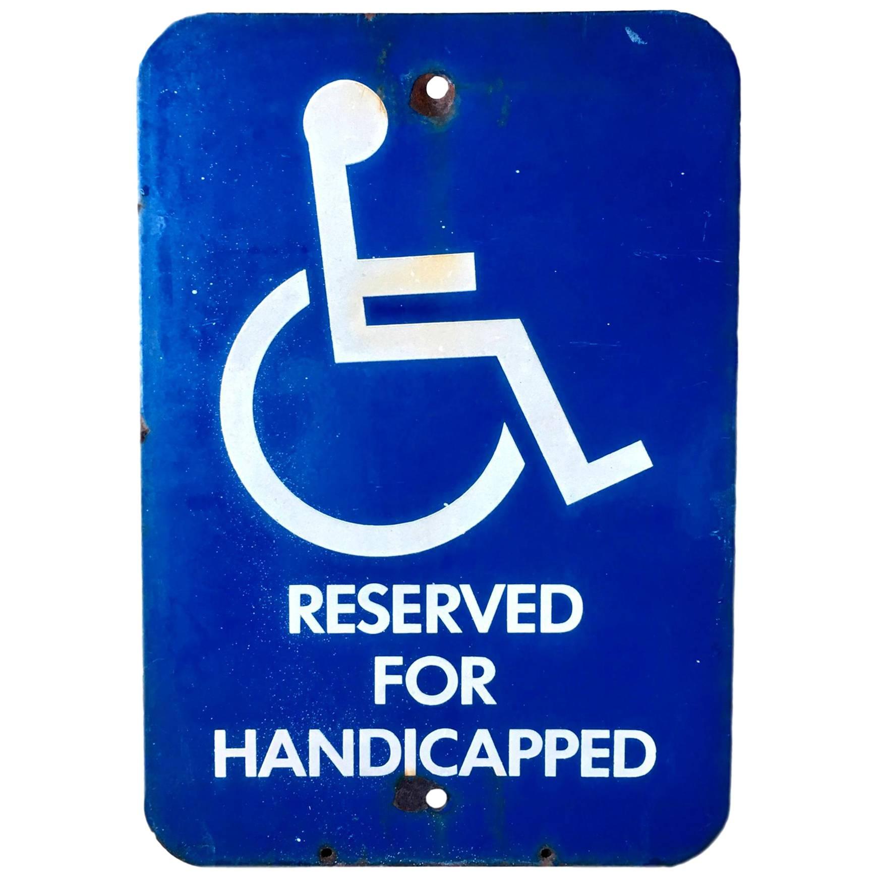Vintage porcelain handicapped sign. Great colors. Newly framed and floating in a shadow box. Great vintage condition.