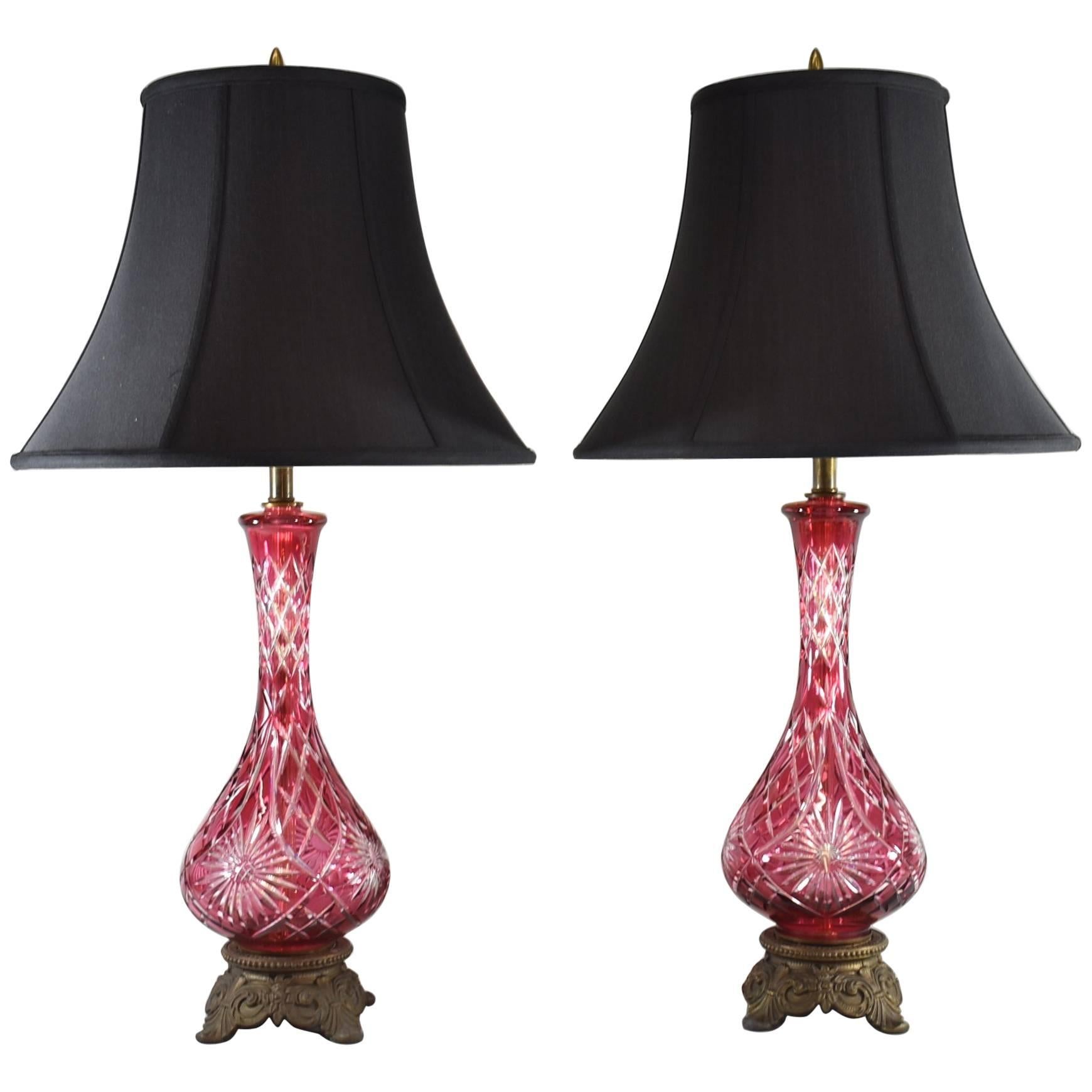 Pair of Cranberry Glass Cut to Clear Single Socket Table Lamps