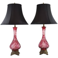 Vintage Pair of Cranberry Glass Cut to Clear Single Socket Table Lamps