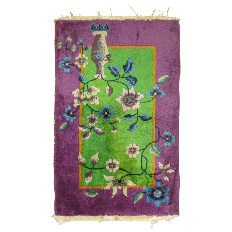 Chinese Art Deco Rug in Bright Green and Purple For Sale