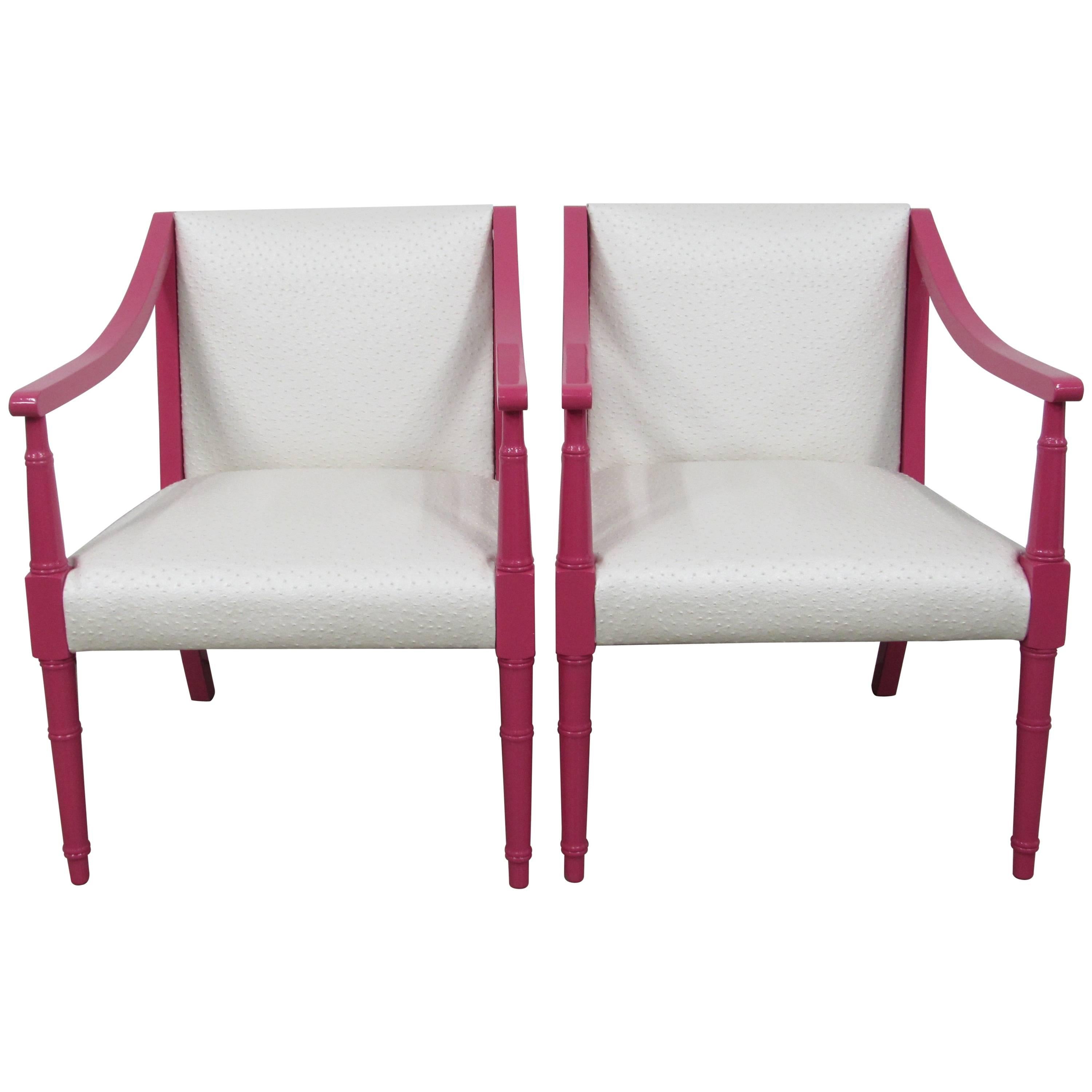 Restored Vintage Faux Bamboo Peony and Ostrich Club Chairs, Pair For Sale