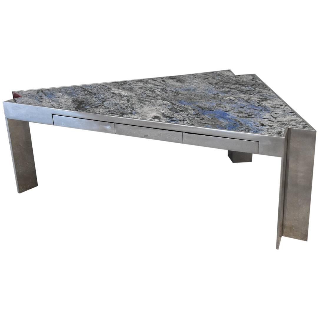 Asymmetric Triangular Granite and Polished Steel Executive Desk For Sale