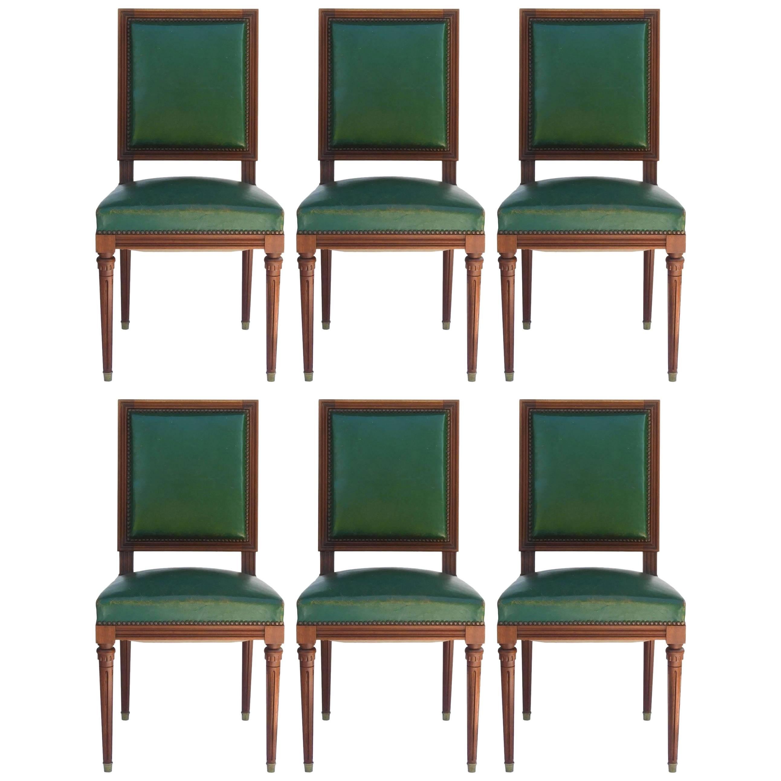 Six Dining Chairs French Louis XVI Revival Green Leather Upholstered, circa 1920