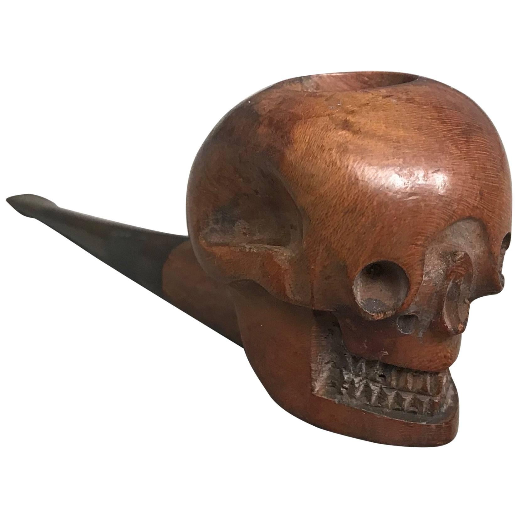 Rare Early 20th Century Hand-Carved and Handcrafted Burl Walnut Human Skull Pipe