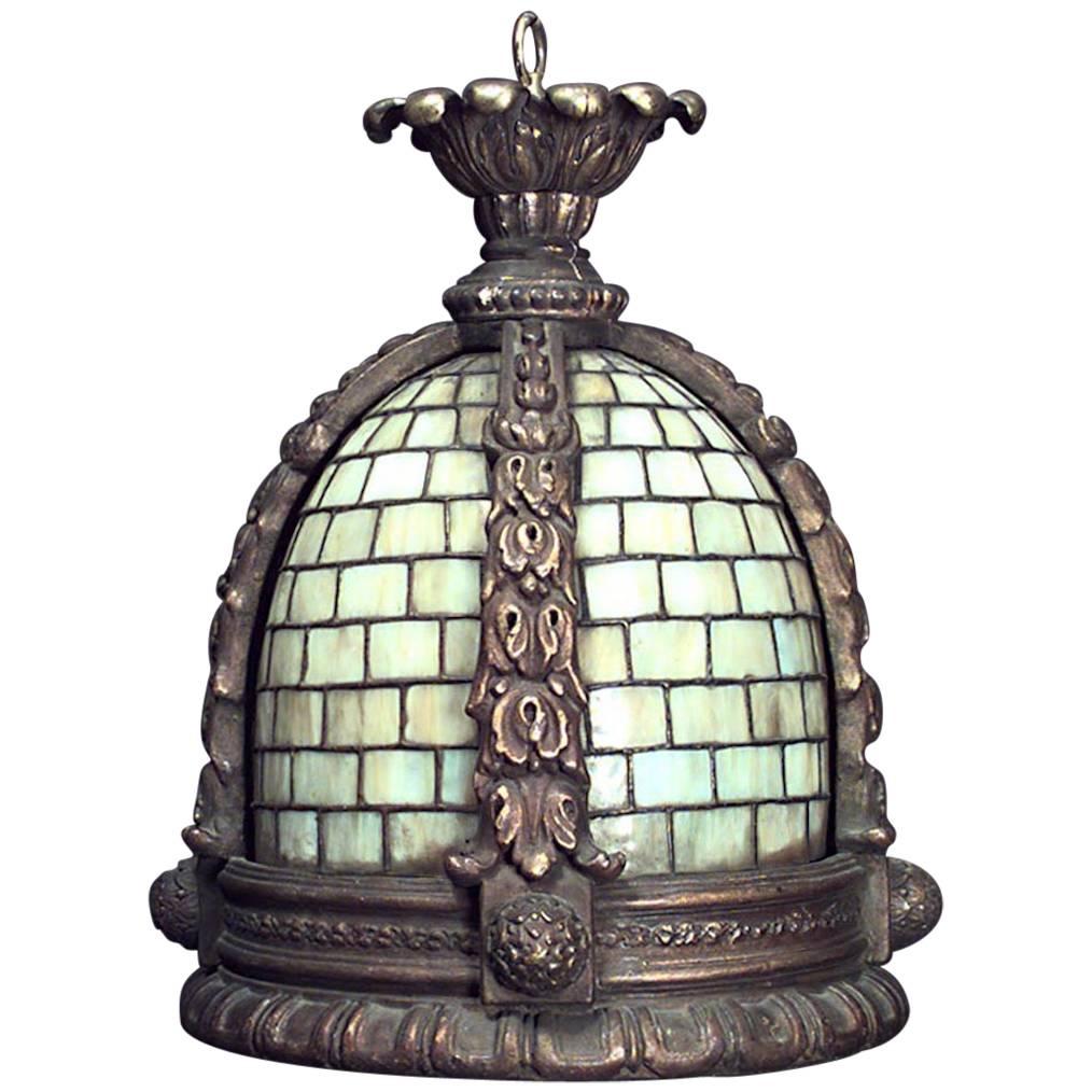 American Victorian Tiffany Style Glass Panel Lantern For Sale