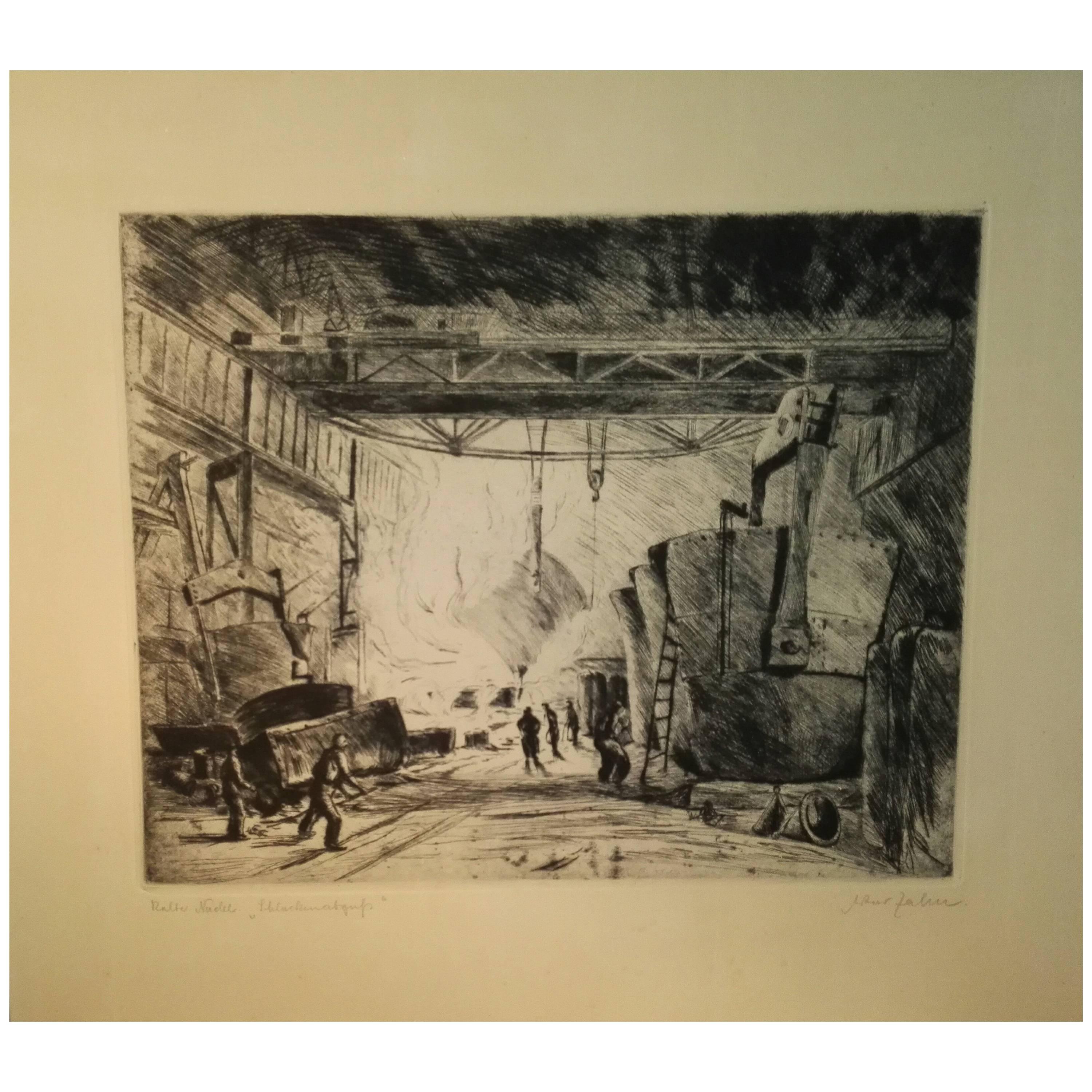 Artur Zahn 20th Century Industrial Design Original Dry Point Etching, circa 1925 For Sale