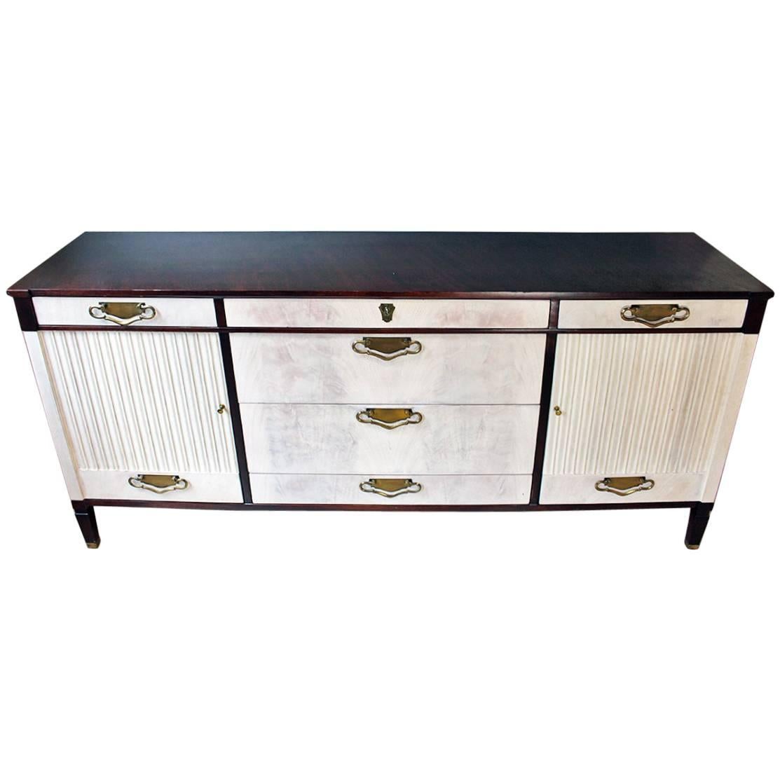 Midcentury Walnut Credenza Sideboard with Bleached Doors and Brass Pulls For Sale