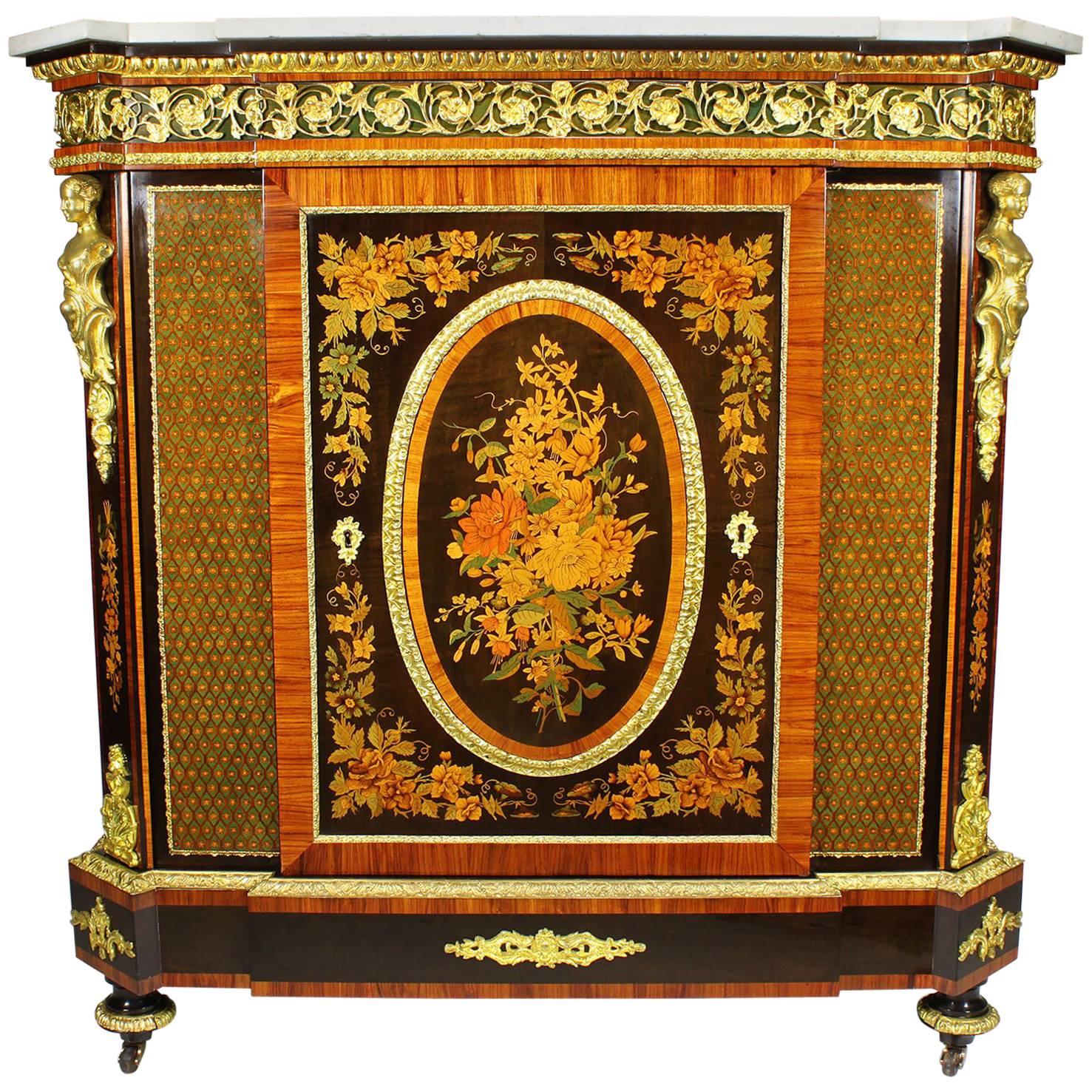 French Napoleon III Gilt Bronze Mounted & Marquetry Side Cabinet with Marble Top