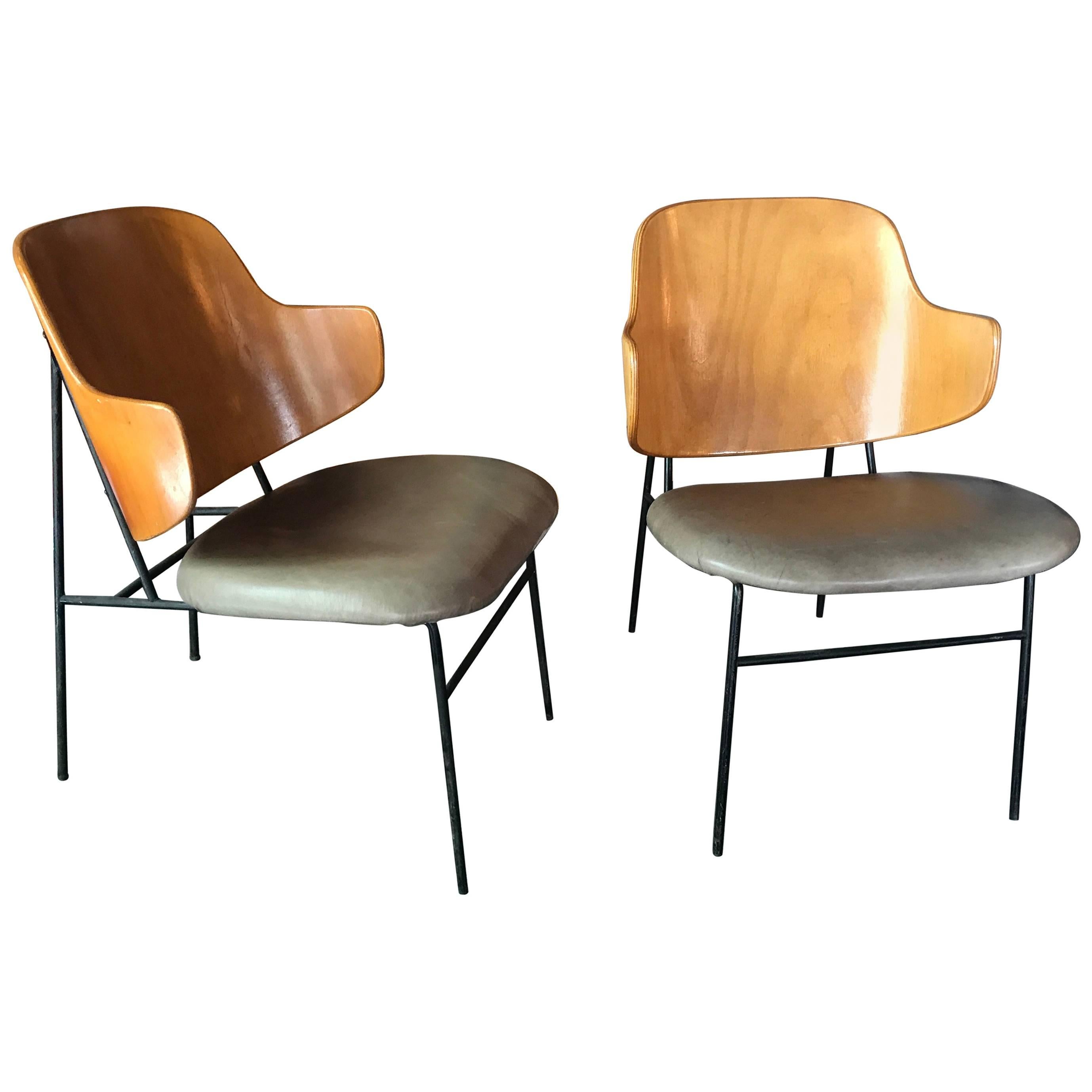 Pair of Ib Kofod-Larsen "Penguin" Danish Lounge Chairs with Leather Seats
