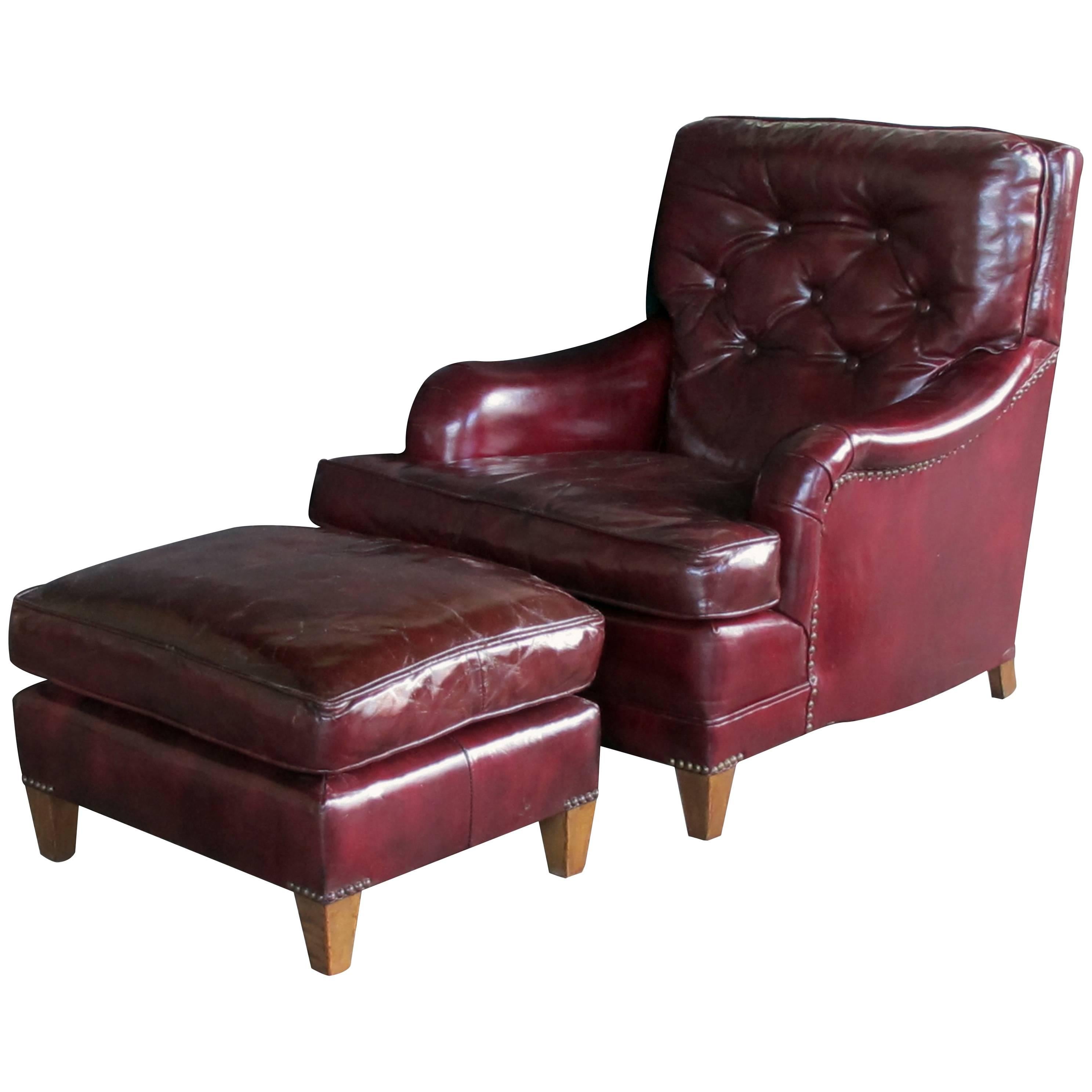 American 1940s Chesterfield Club Chair and Ottoman with Deep Burgundy Leather