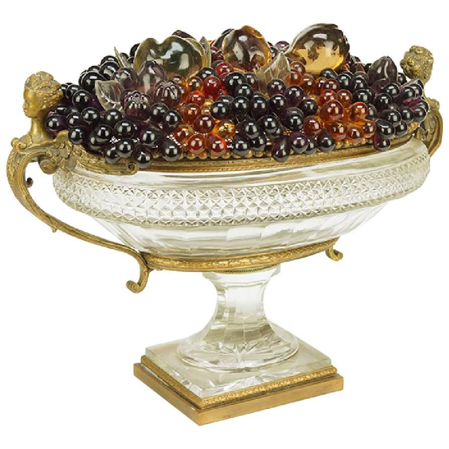 Baccarat Style Bronze-Mounted Cut Crystal Center Bowl with Flowers For Sale